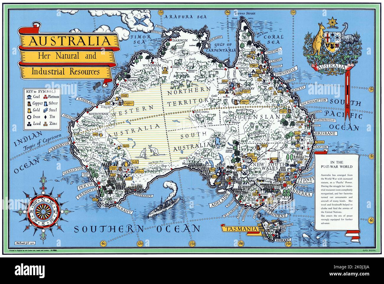 Gill Macdonald - mappa dell'Australia, le sue risorse naturali e industriali (1946) Foto Stock
