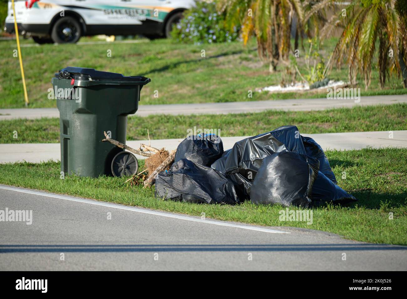 Mucchio di sacchi di rifiuti neri e bidone di plastica all'aperto sul lato rurale della strada. Problemi di gestione dei rifiuti Foto Stock