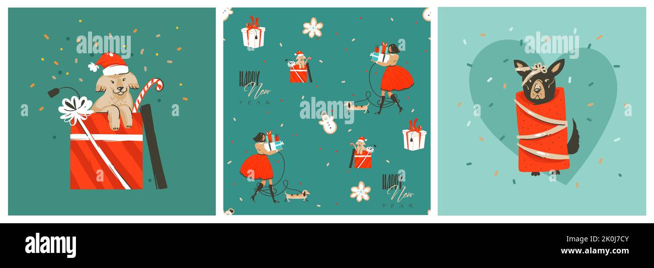 Grafica astratta vettoriale disegnata a mano buon Natale e felice Capodanno cartone animato, illustrazioni senza cuciture collezione di modelli con Babbo Natale, confezione regalo Illustrazione Vettoriale
