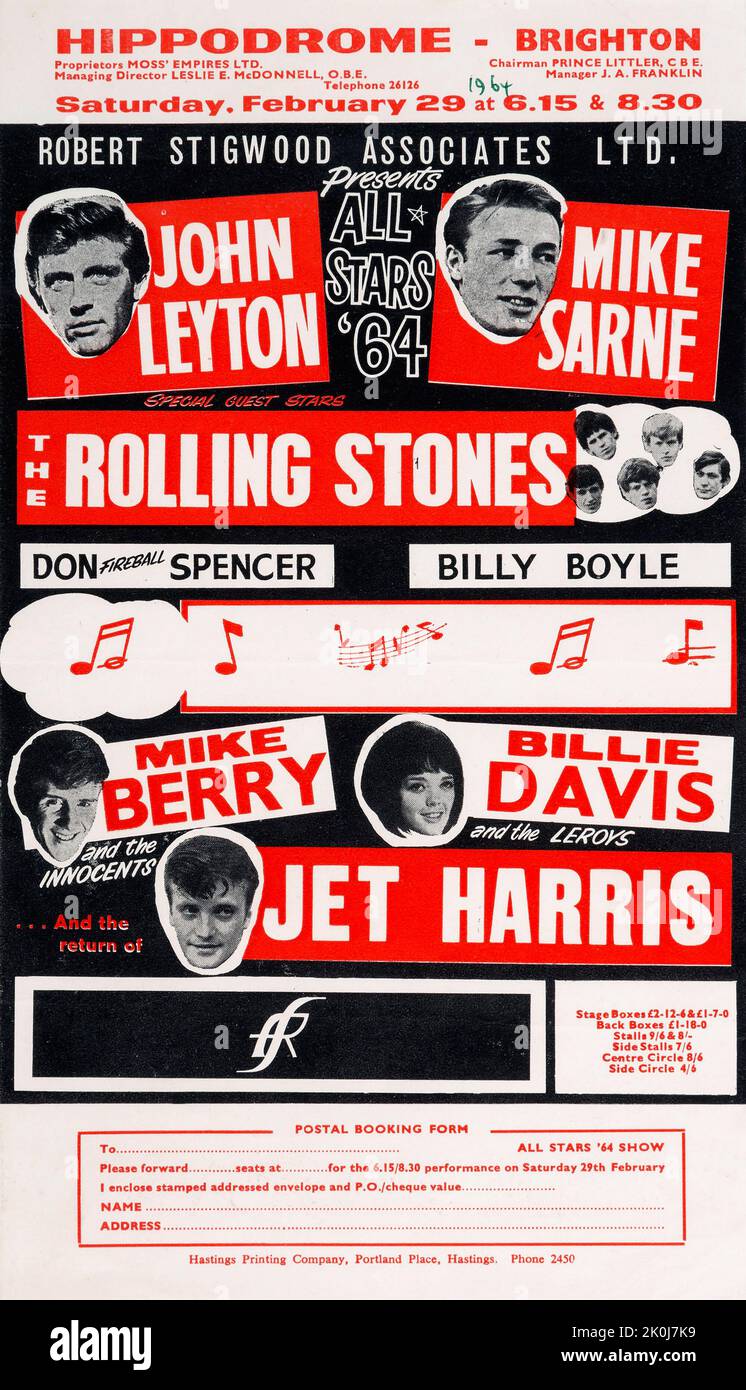 Rolling Stones Brighton Hippodrome 'All Stars '64' Handbill (UK, 1964). Foto Stock