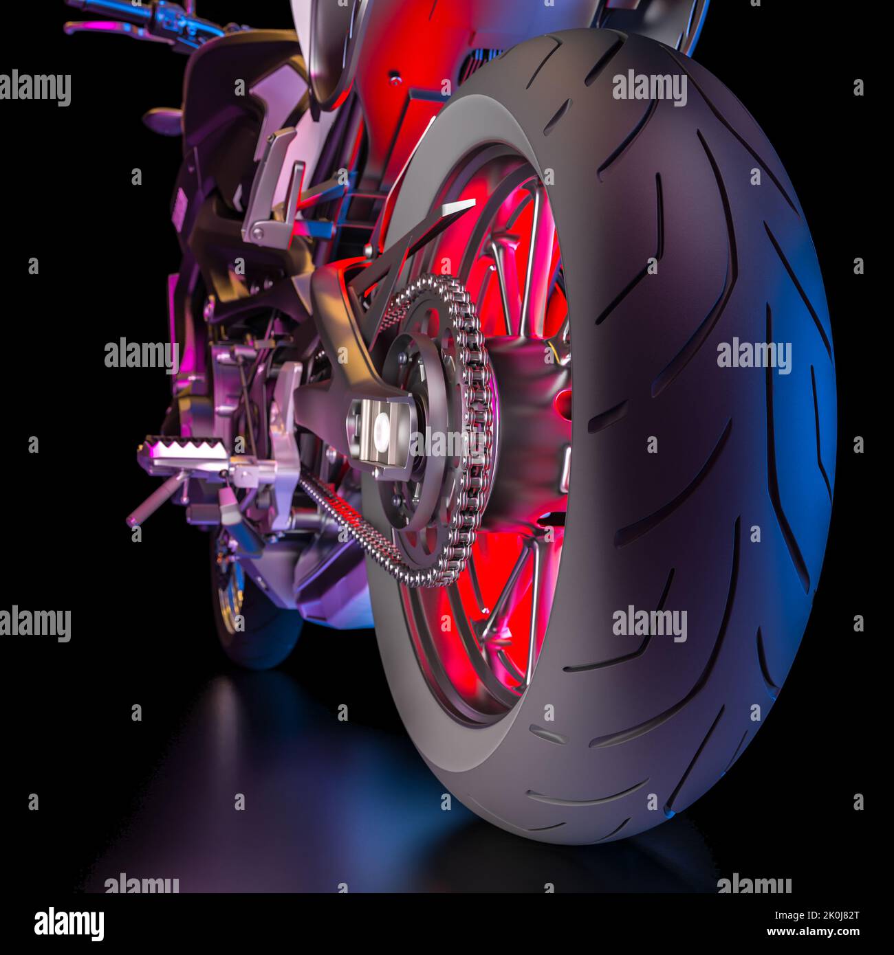 vista posteriore della motocicletta, dettaglio della catena e delle ruote. rendering 3d Foto Stock
