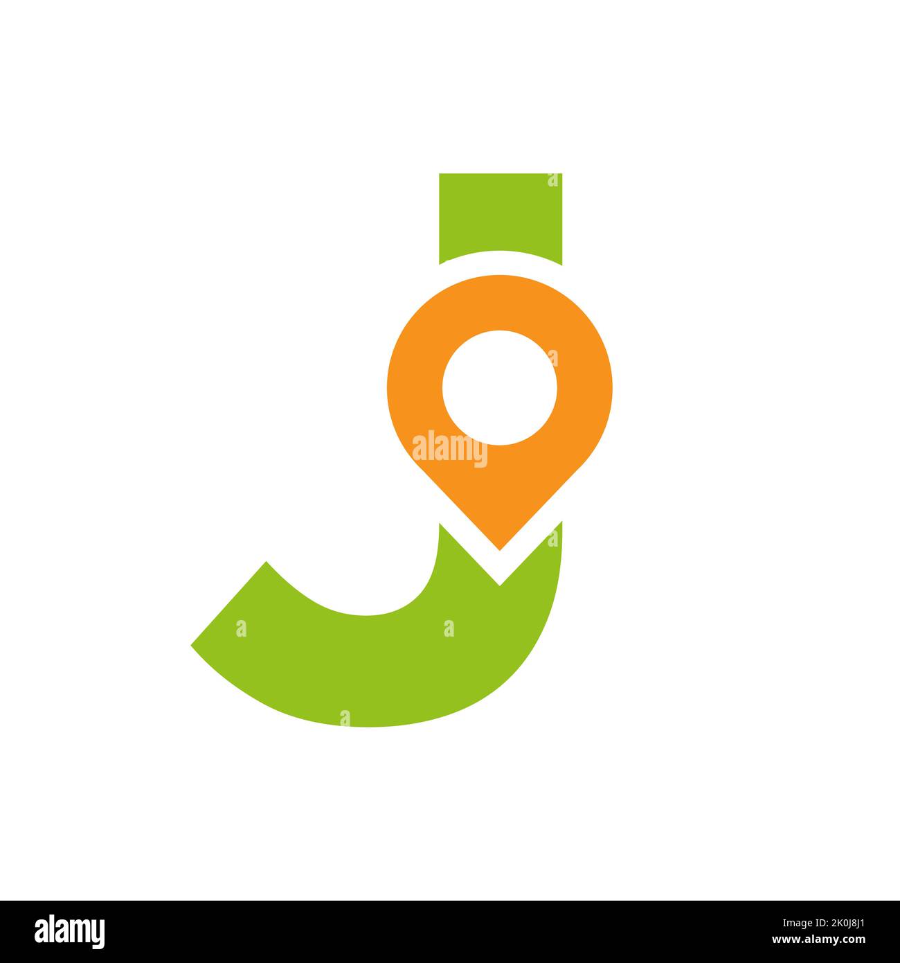 Lettera J posizione Logo Design Sign. Concetto di icona di posizione con alfabeto per modello vettoriale simbolo di direzione della strada Illustrazione Vettoriale