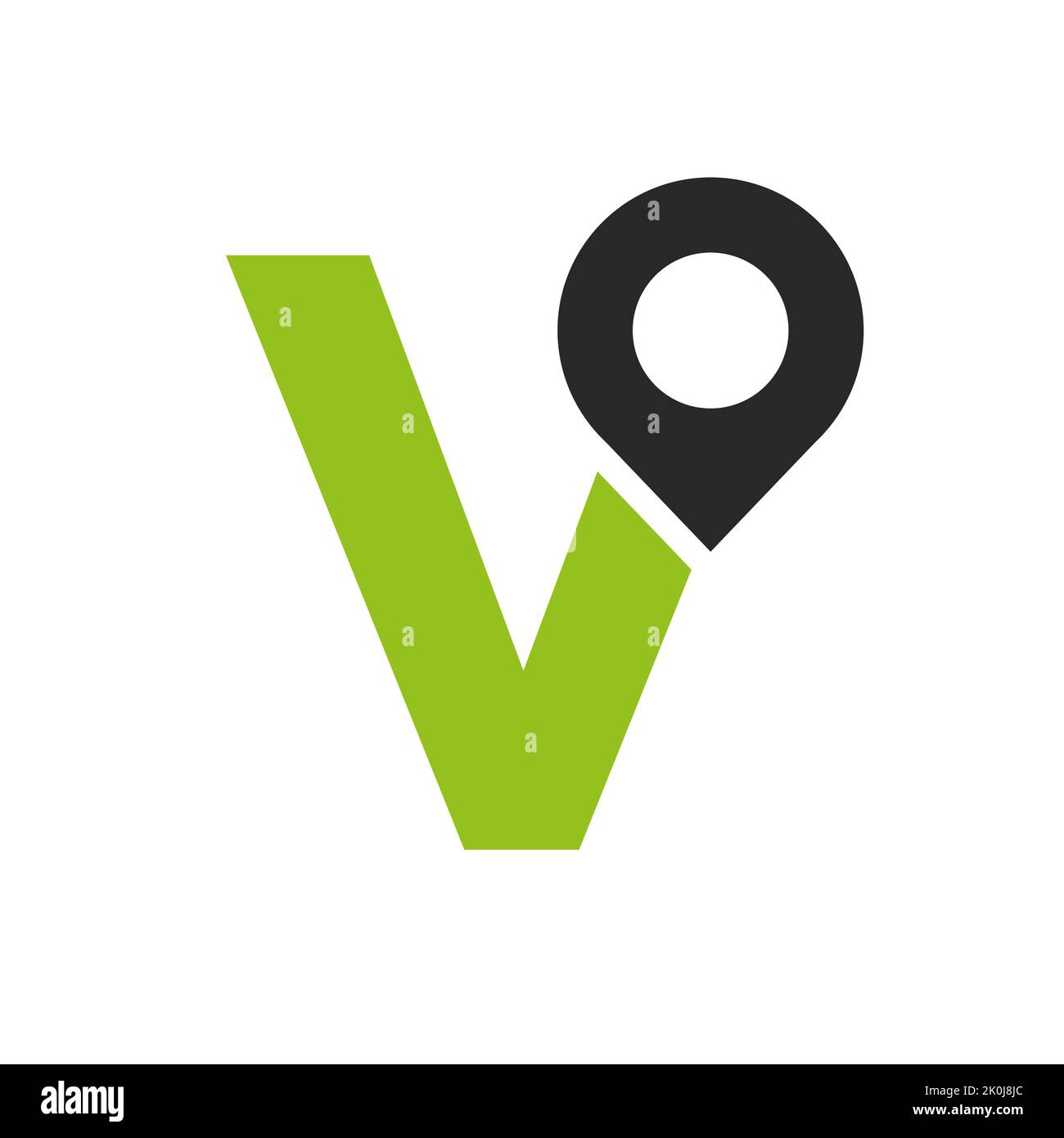 Lettera V posizione Logo Design Sign. Concetto di icona di posizione con alfabeto per modello vettoriale simbolo di direzione della strada Illustrazione Vettoriale