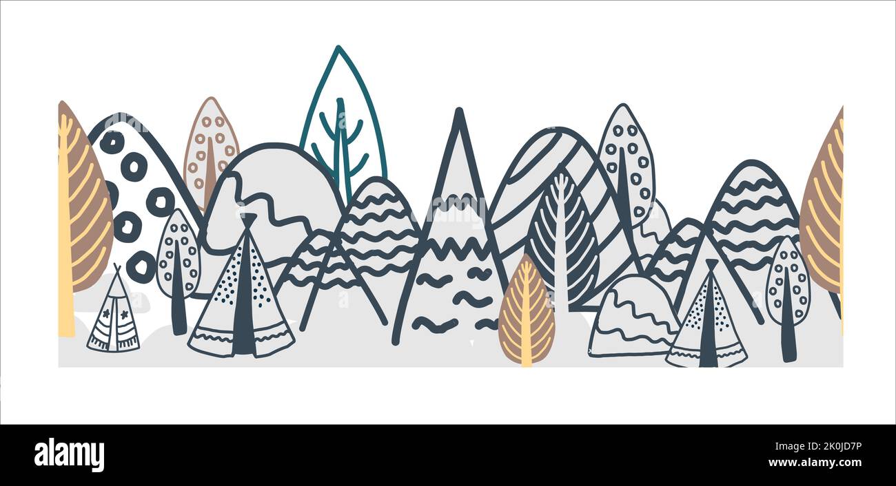 Il confine è demoniaco nello stile settentrionale. Foresta invernale scandinava. Fata foresta senza cuciture. Ribbon e arredamento tessile Illustrazione Vettoriale