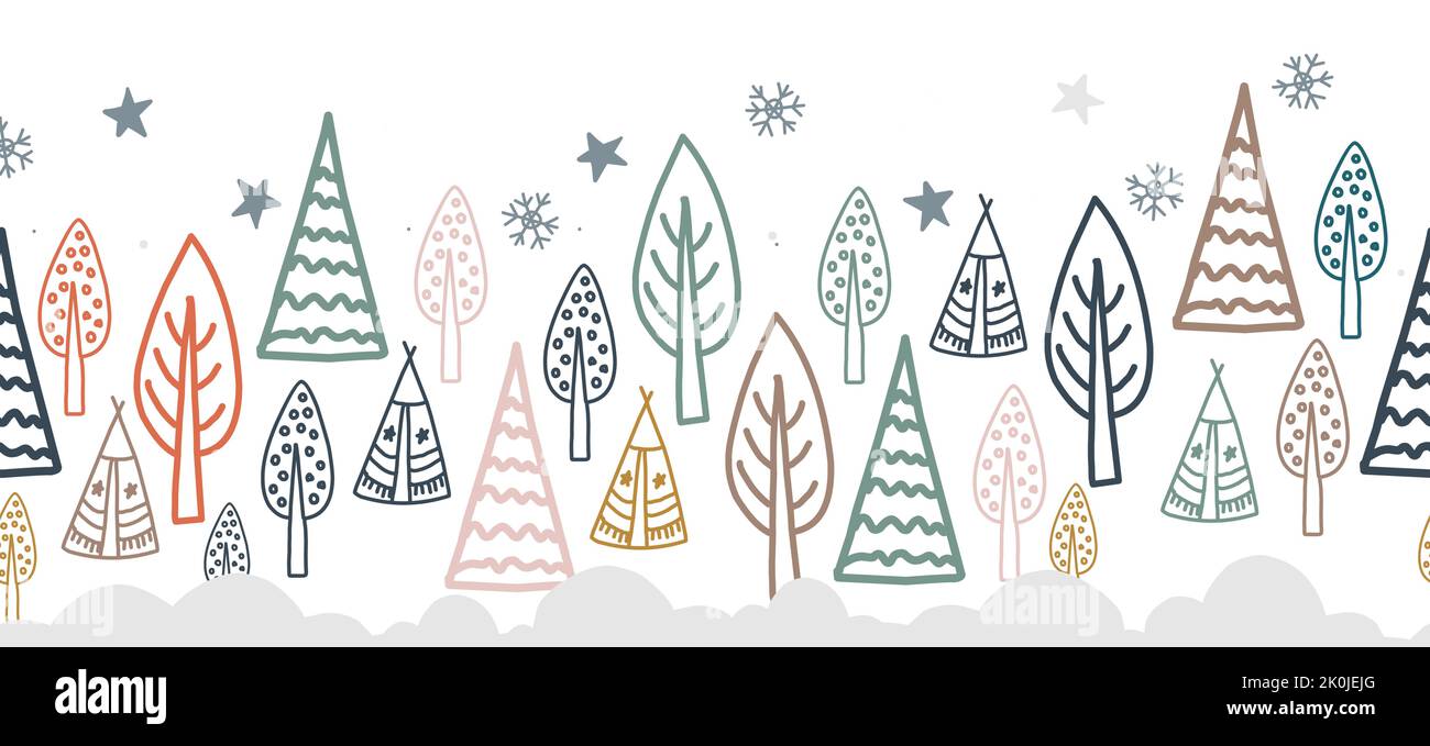 Il confine è demoniaco nello stile settentrionale. Foresta invernale scandinava. Fata foresta senza cuciture. Ribbon e arredamento tessile Illustrazione Vettoriale