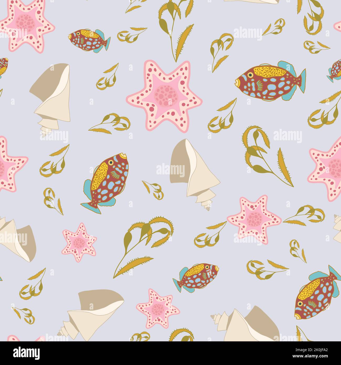Pesci colorati, conchiglie, stelle marine e alghe senza cuciture sullo sfondo più grigio. Illustrazione Vettoriale