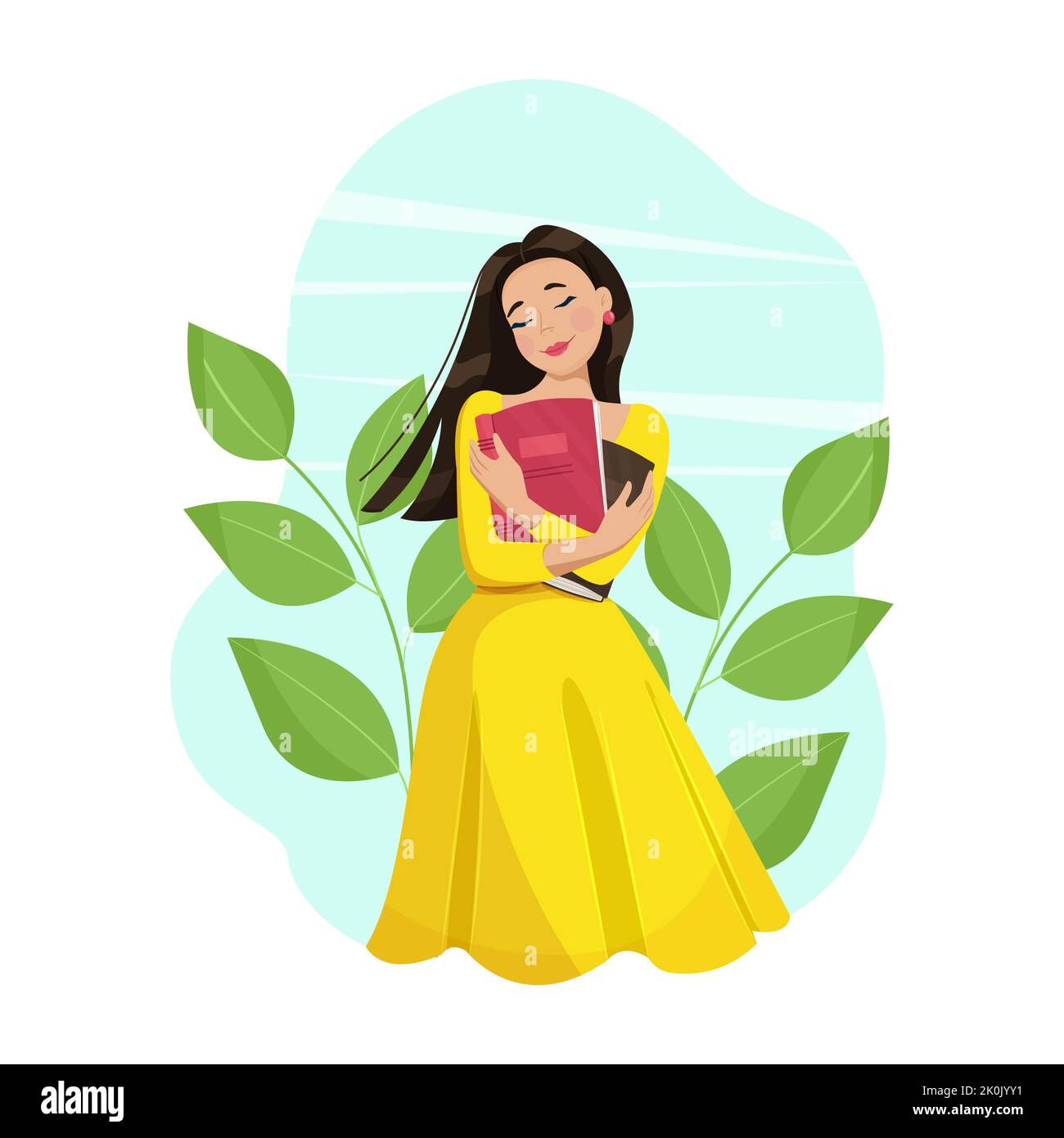 Prenota il giorno degli amanti, happy ragazza abbracci libri. Leggi tutto il concetto di libri. Illustrazione vettoriale in stile cartoon piatto Illustrazione Vettoriale