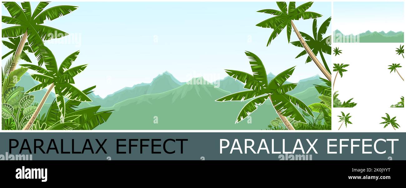 Paesaggio tropicale giungla. Piante arbusti e palme. Cartone animato stile piatto. Montagne all'orizzonte. Illustrazione dello sfondo. Immagine da livelli per sovrapposizione Illustrazione Vettoriale