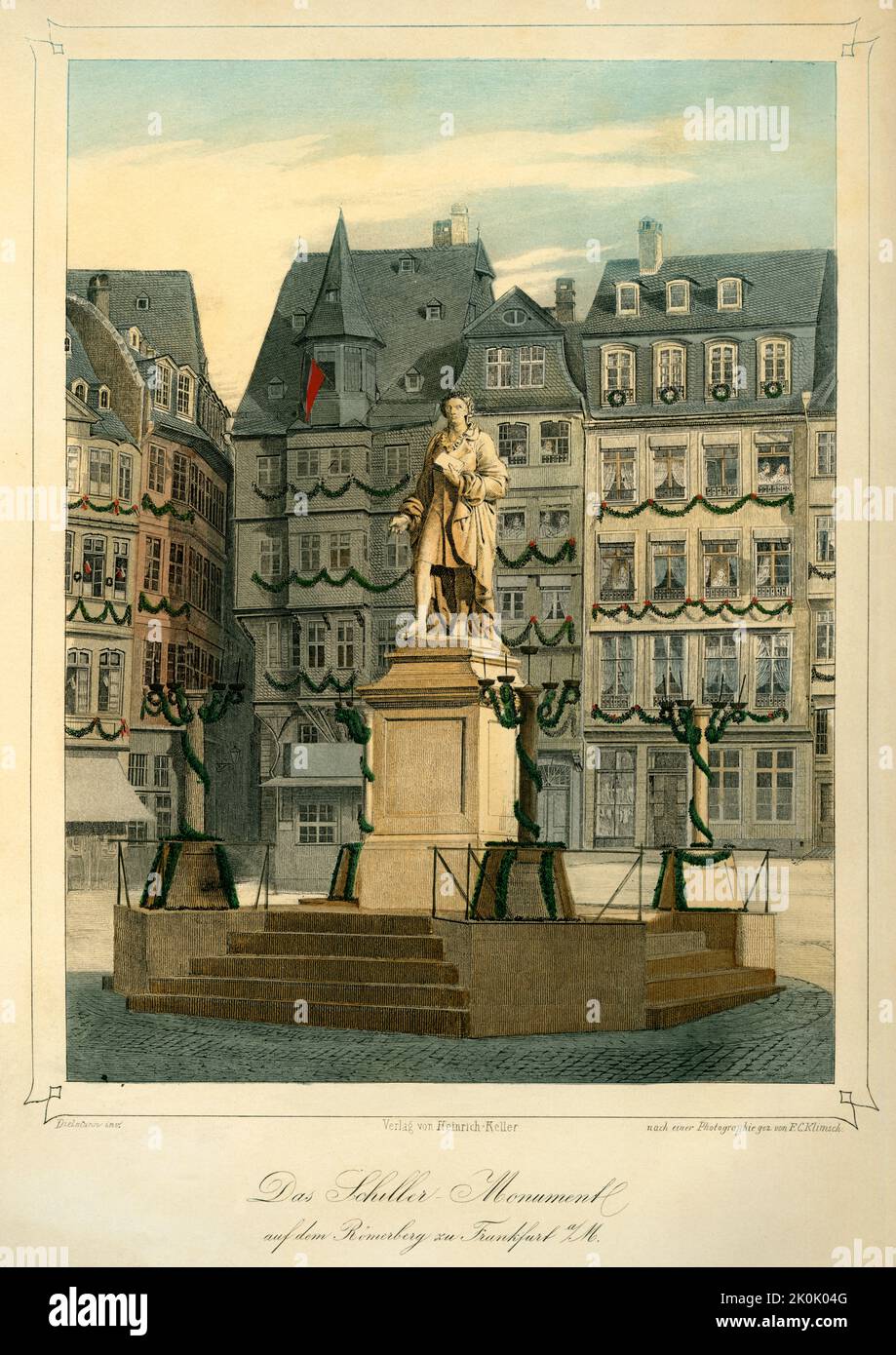 Europa, Deutschland, Hessen, Frankfurt am Main, originaler testo : Das Schiller Monument auf dem Römerberg zu Frankfurt a. M. , Motiv aus : Gedenk-Buch zu Friedrich von Schiller`s hundertjähriger Geburtsfeier, beggen in Frankfurt am Main den 10. Novembre 1859 . Eine Festausgabe herausgegeben unter freundlicher Mitwirkung der betheiligten Körperschaften , gezeichnet von F. C. Klimsch, Verlag von Heinrich Keller, Francoforte sul meno, 1860 . / Europa, Germania, Assia, Francoforte sul meno, testo originale : il monumento Schiller sulla Römerberg a Francoforte sul meno, immagine da : Gedenkbuch zu Frie Foto Stock