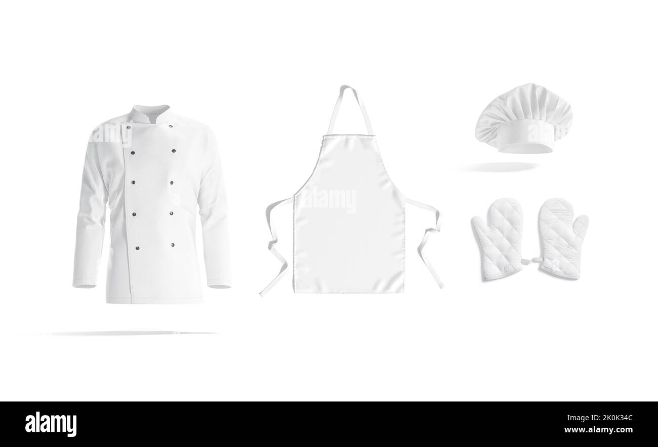 Giacca bianca cuoco, grembiule, cappello e mockup da forno, Foto Stock