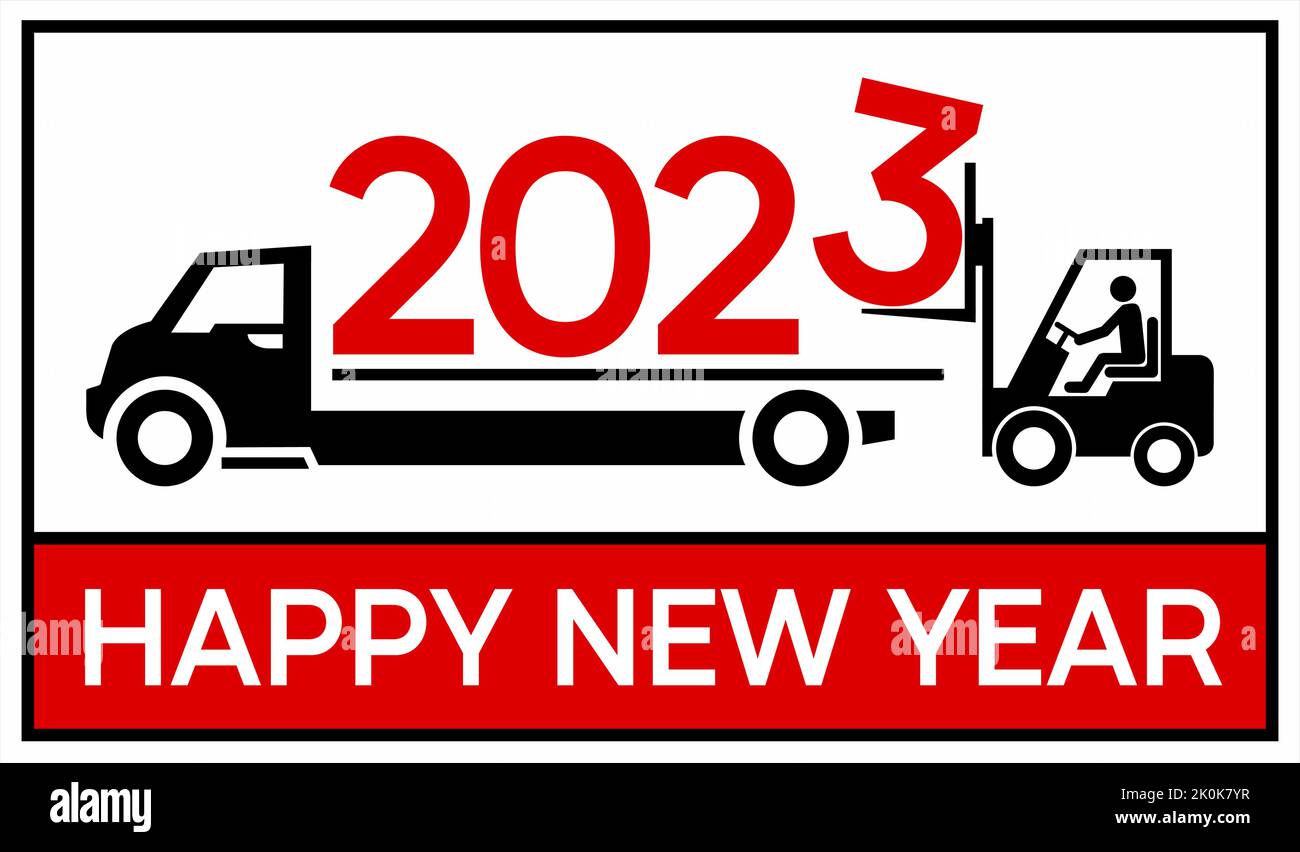 Banner concettuale 2023, Felice Anno Nuovo. Un carrello elevatore a forche sta caricando il numero 3 su un carrello Illustrazione Vettoriale Banner concettuale 2023, Felice Anno Nuovo. Un carrello elevatore a forche sta caricando il numero 3 su un carrello Illustrazione Vettoriale