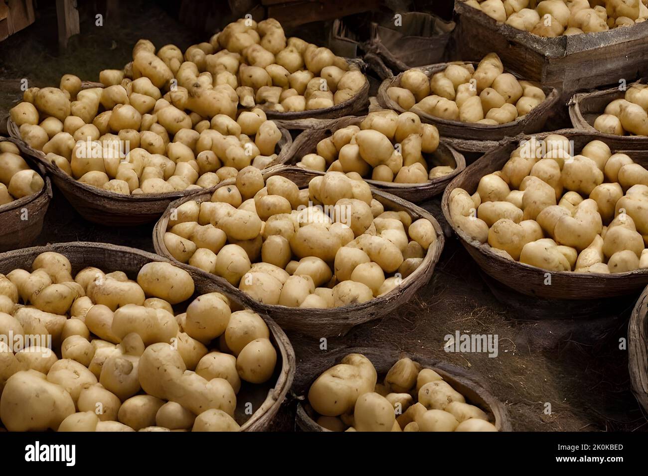 Un primo piano di sacchi di patate in una fattoria Foto Stock