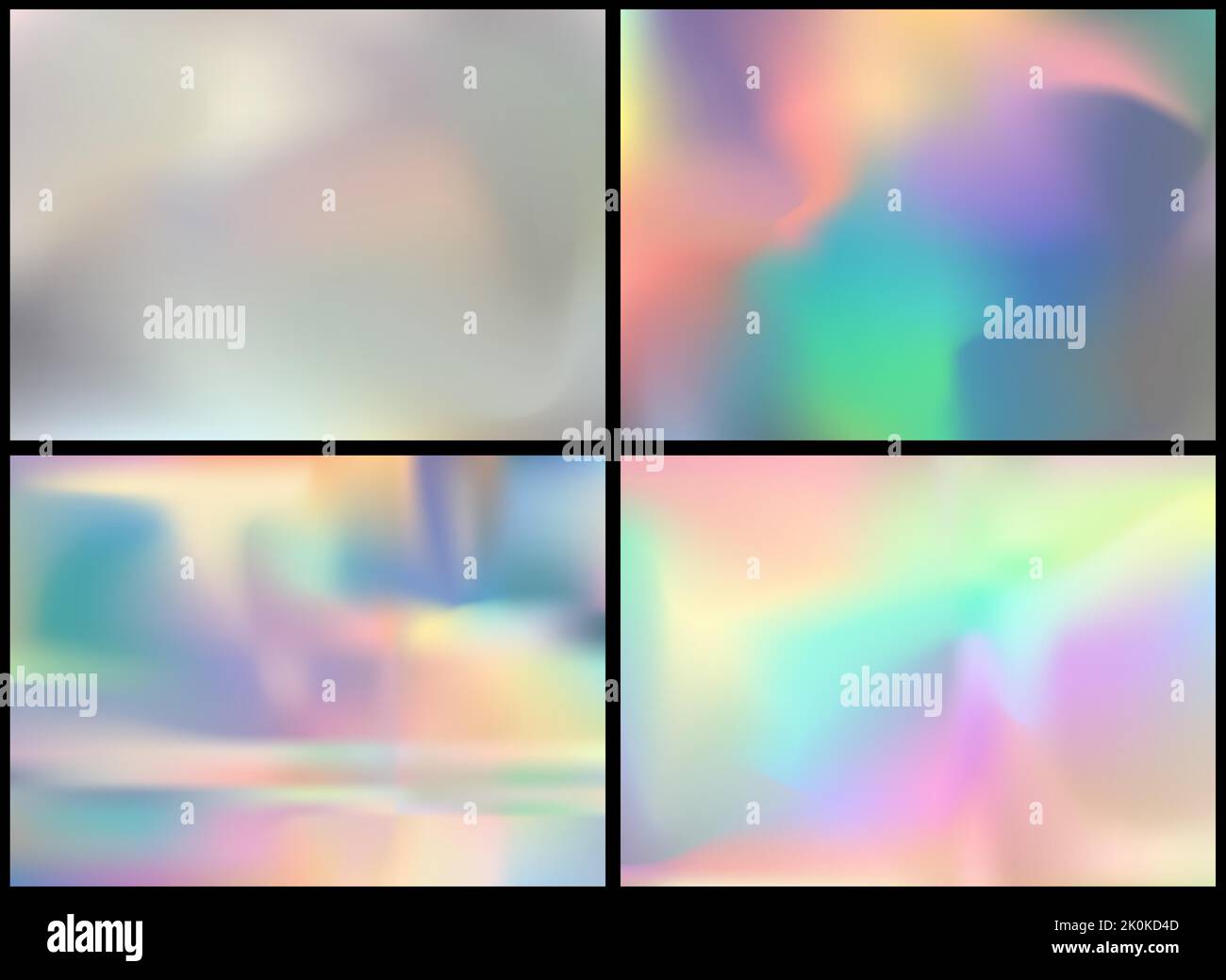 Raccolta di texture olografiche, gradienti di mesh. Moderne combinazioni di colori e sfumature. Illustrazione Vettoriale