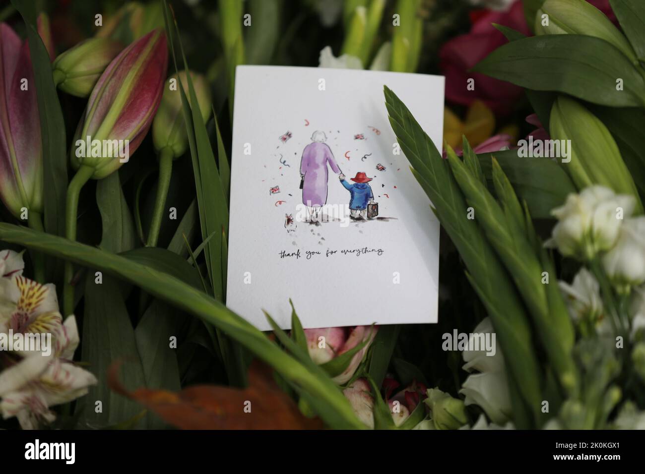 Londra, Regno Unito. 12th Set, 2022. Una cartolina con un disegno della regina Elisabetta II Una cartolina raffigurante la regina Elisabetta II con l'orso di Paddington giace con tributi floreali a Green Park, vicino a Buckingham Palace, Londra dopo la morte della regina Elisabetta II il giovedì. Data foto: Lunedì 12 settembre 2022, Londra. Credit: Isabel Infantes/Alamy Live News Foto Stock