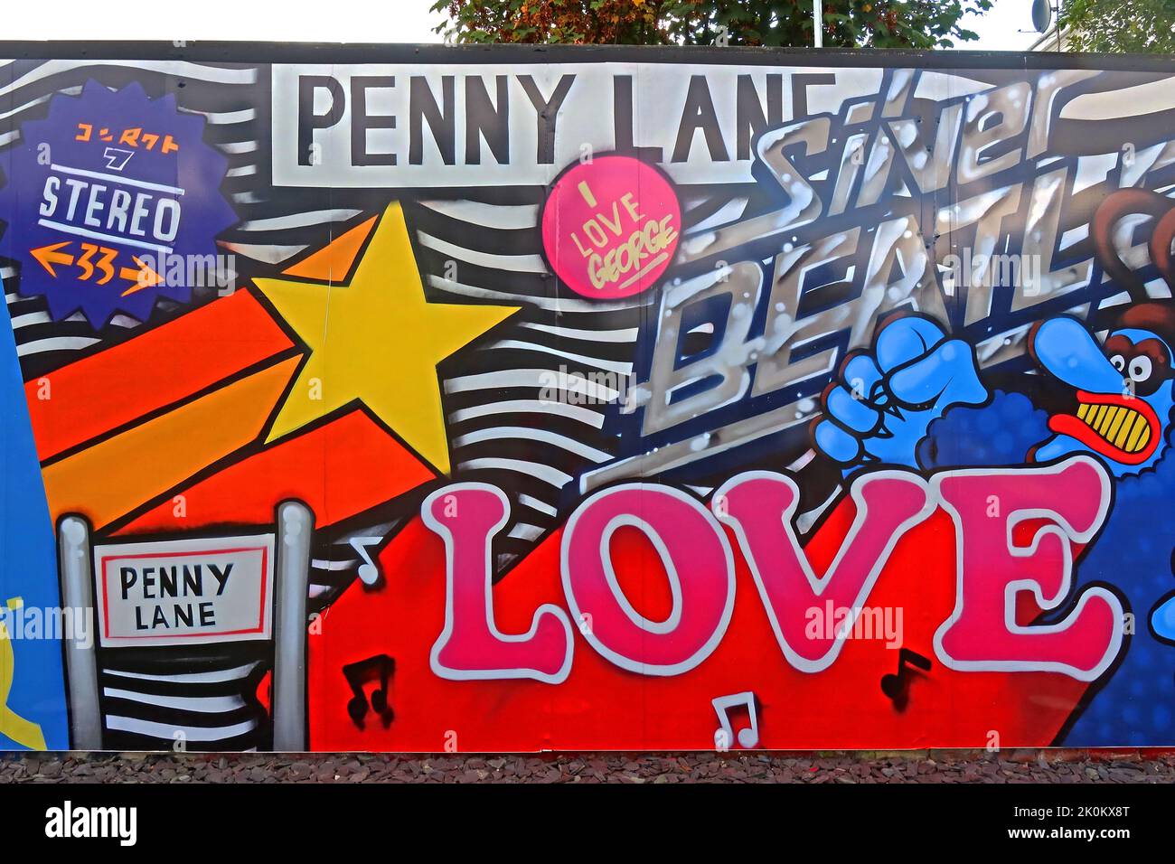 Penny Lane Beatles art wall, PLDT, Penny Lane Development Trust, 70 Penny Ln, Liverpool, Merseyside, Inghilterra, REGNO UNITO, L18 1BW Foto Stock