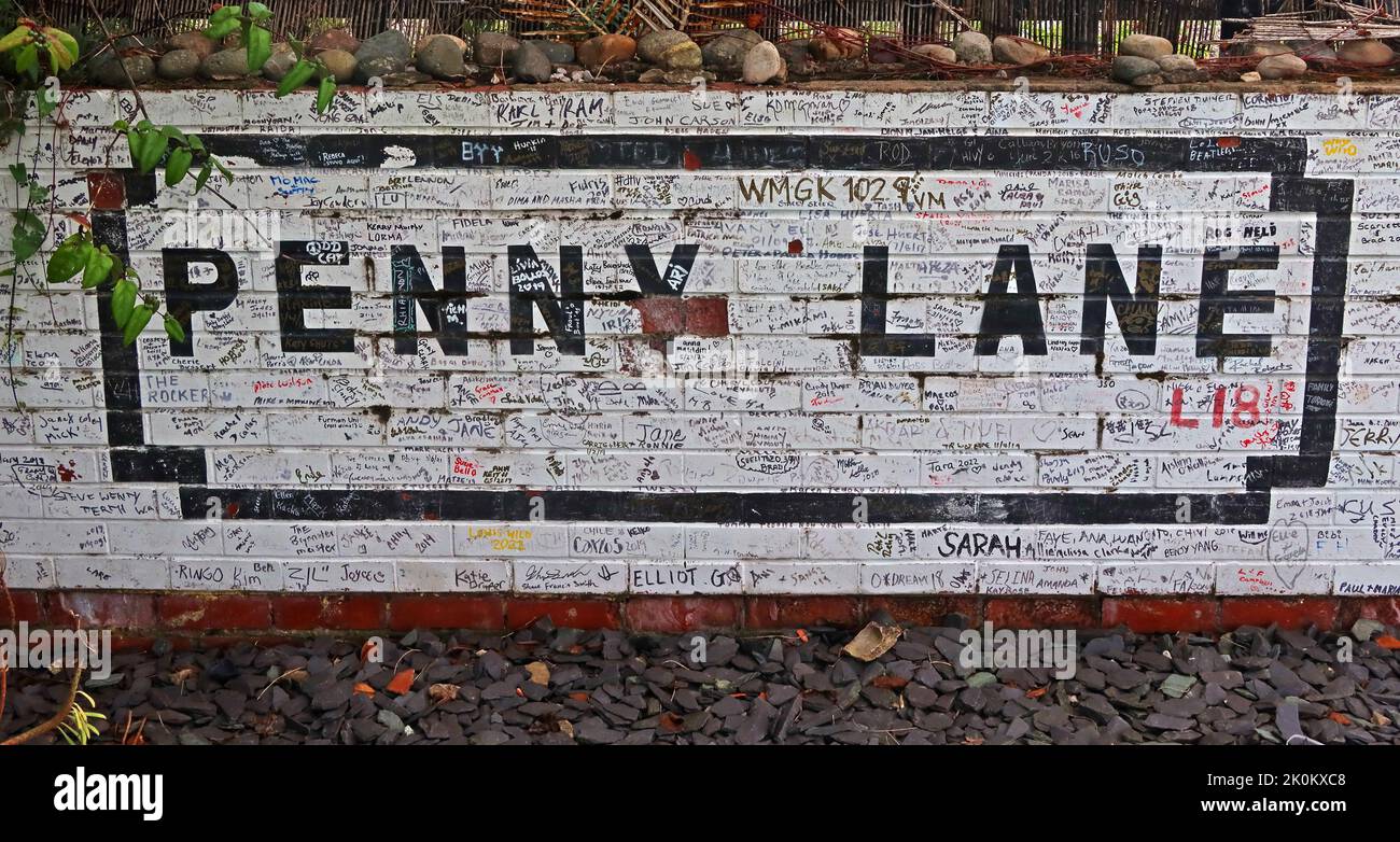 Segno di Penny Lane a Penny Lane Development Trust, 70 Penny Ln, Liverpool, Merseyside, Inghilterra, REGNO UNITO, L18 1BW Foto Stock