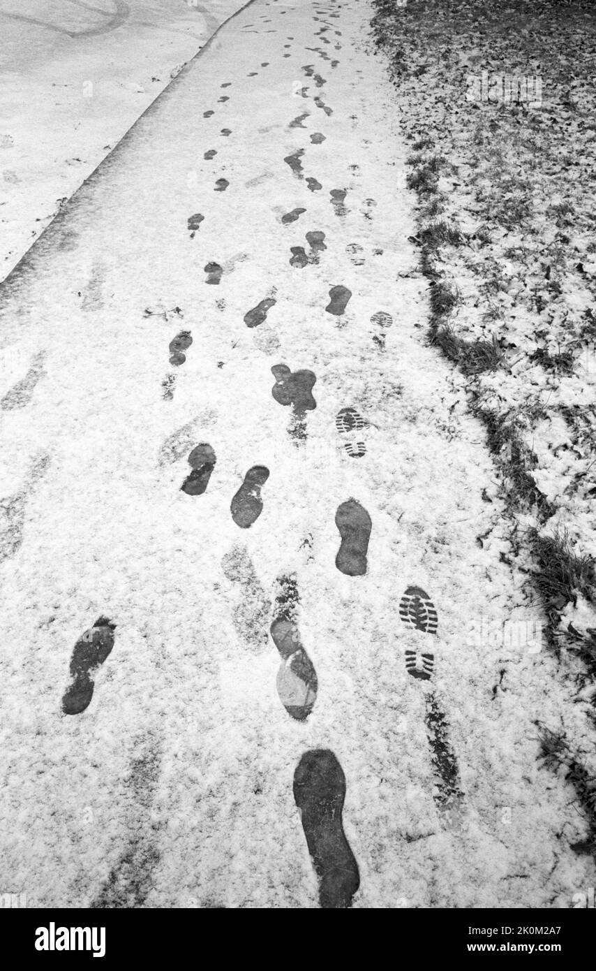 Immagine monocromatica delle impronte lungo un sentiero innevato in una città Foto Stock