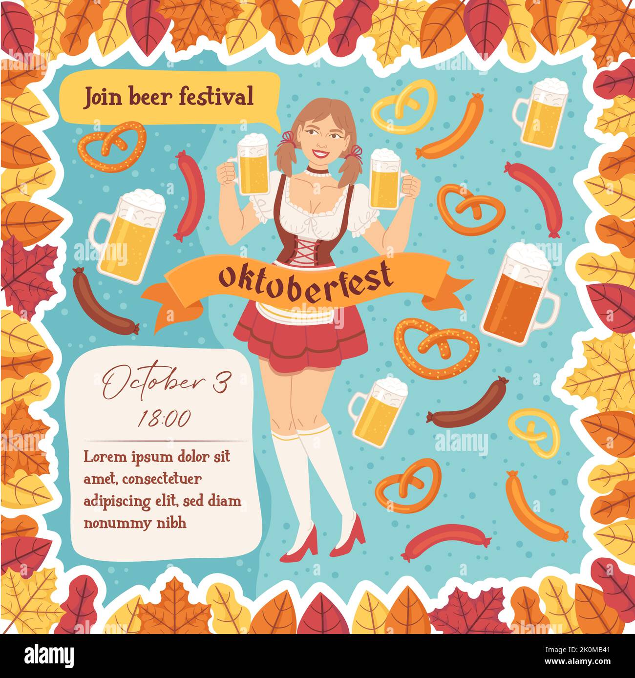 Sfondo Oktoberfest. Festa della birra. Illustrazione vettoriale stock in stile cartoon piatto. Illustrazione Vettoriale