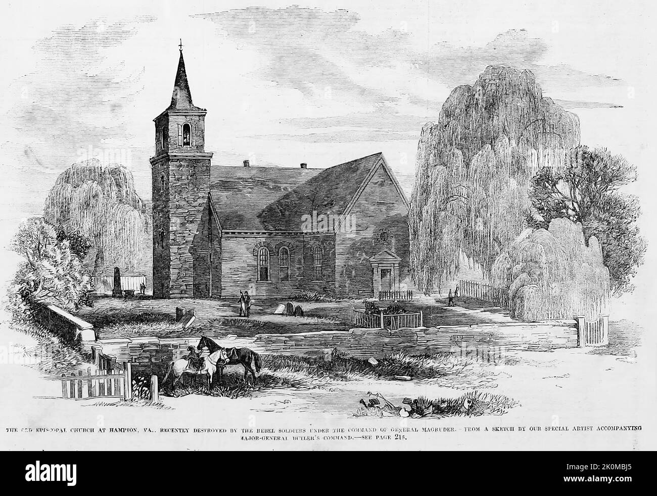 La vecchia chiesa episcopale di Hampton, Virginia, recentemente distrutta dai soldati Rebel sotto il comando del generale John Bankhead Magruder. Agosto 1861. Illustrazione della guerra civile americana del 19th° secolo dal quotidiano illustrato di Frank Leslie Foto Stock