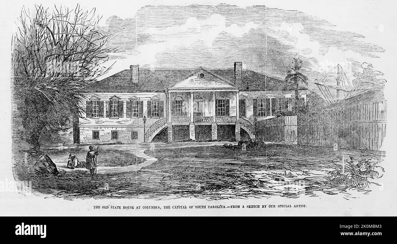 La vecchia state House a Columbia, la capitale del South Carolina, agosto 1861. Illustrazione della guerra civile americana del 19th° secolo dal quotidiano illustrato di Frank Leslie Foto Stock