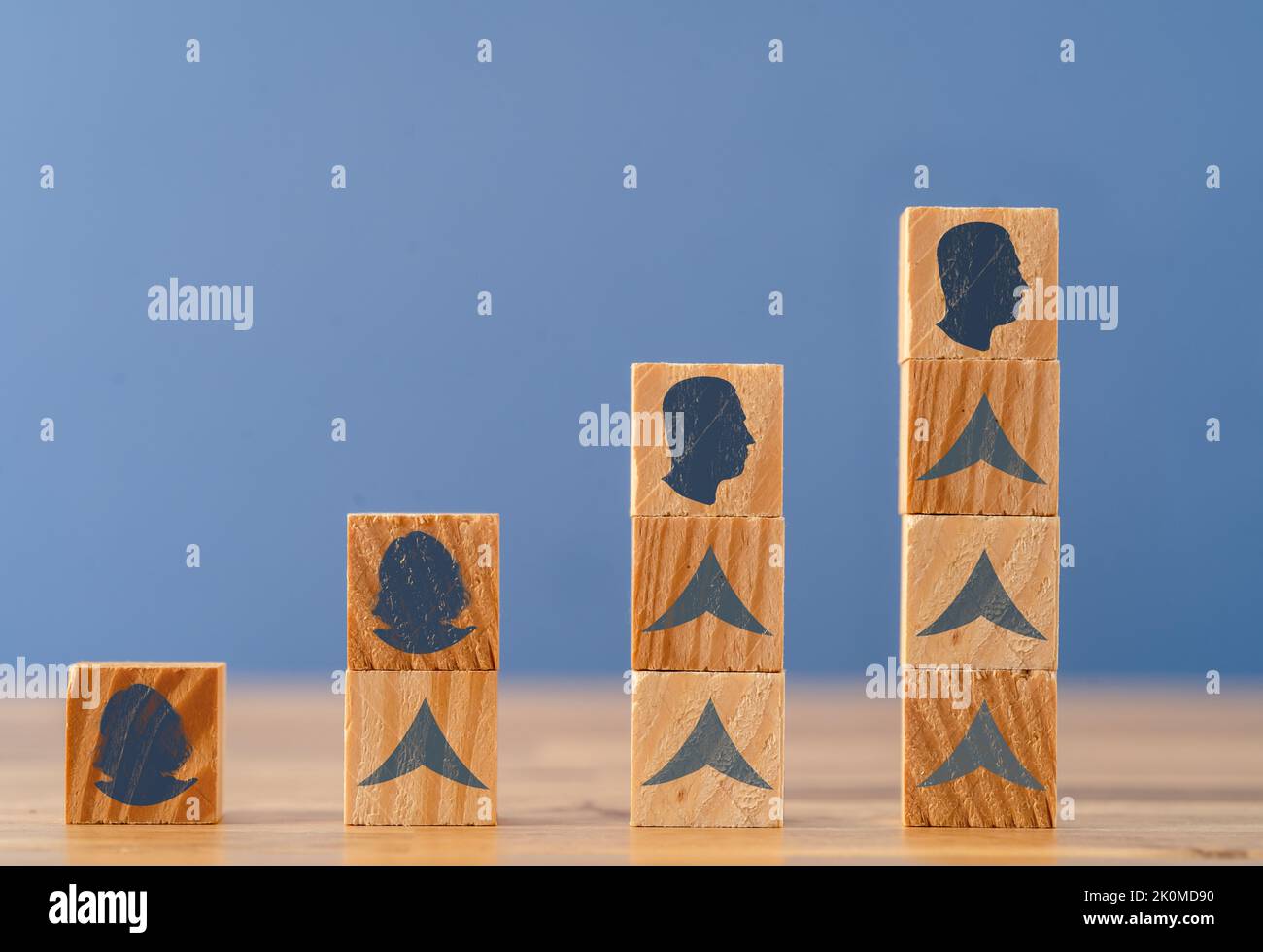 Foto ravvicinata dei blocchi di legno che si innalzano con la silhouette della testa di uomo e donna. Concetto di disuguaglianza di genere nella carriera e nel reclutamento delle imprese. Foto Stock