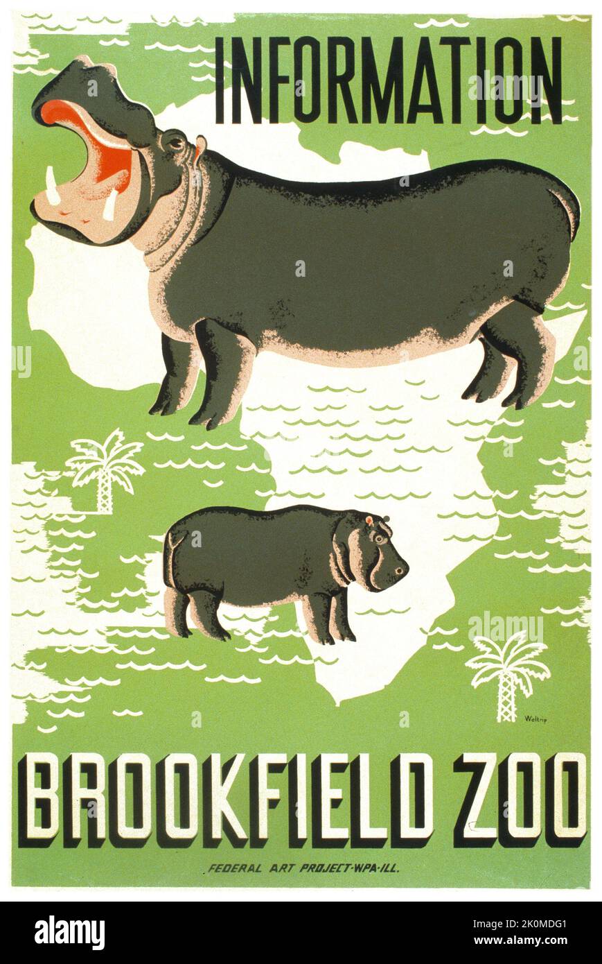 Poster per lo Zoo di Brookfield, che mostra ippopotami sovrapposti al profilo dell'Africa - informazioni - Brookfield. 1938. Foto Stock