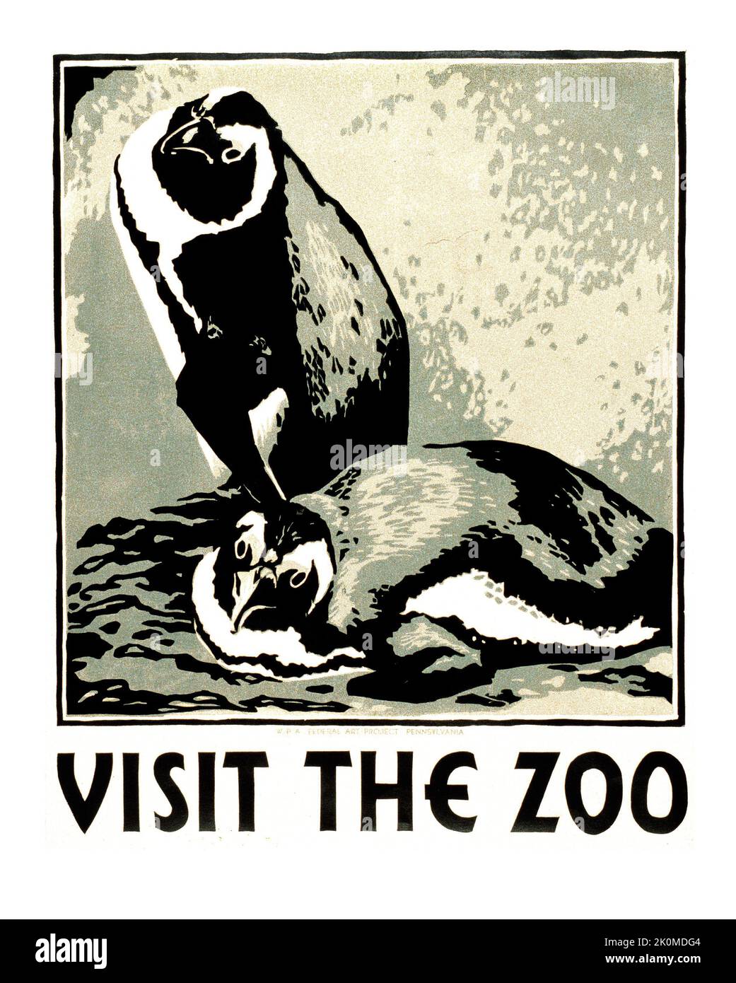 VISITA LO ZOO - Poster che promuove lo zoo come un luogo da visitare, mostrando due pinguini. Pennsylvania WPA Federal Art Project - Louise Welsh (1937) Foto Stock