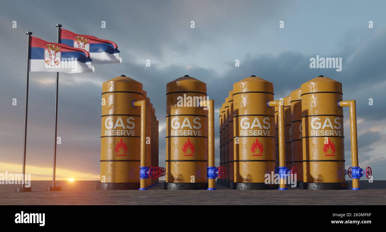 Riserva di gas Serbia, serbatoio di stoccaggio di gas Serbia, serbatoio di gas naturale Serbia con bandiera Serbia, sanzione sul gas, 3D lavoro e 3D immagine Foto Stock