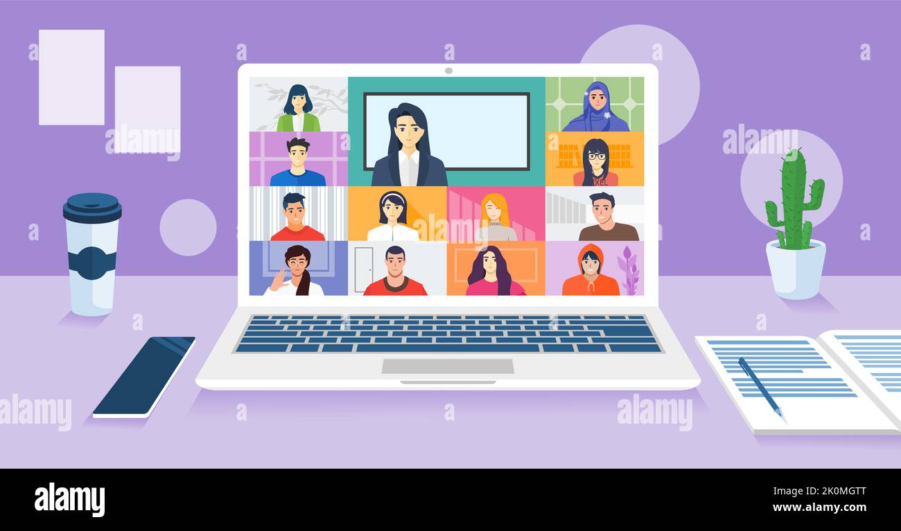 Classe scolastica online. Studente Impara Studio da casa via teleconferenza Web Video Conference Call Display su schermo laptop con insegnante femminile Illustrazione Vettoriale