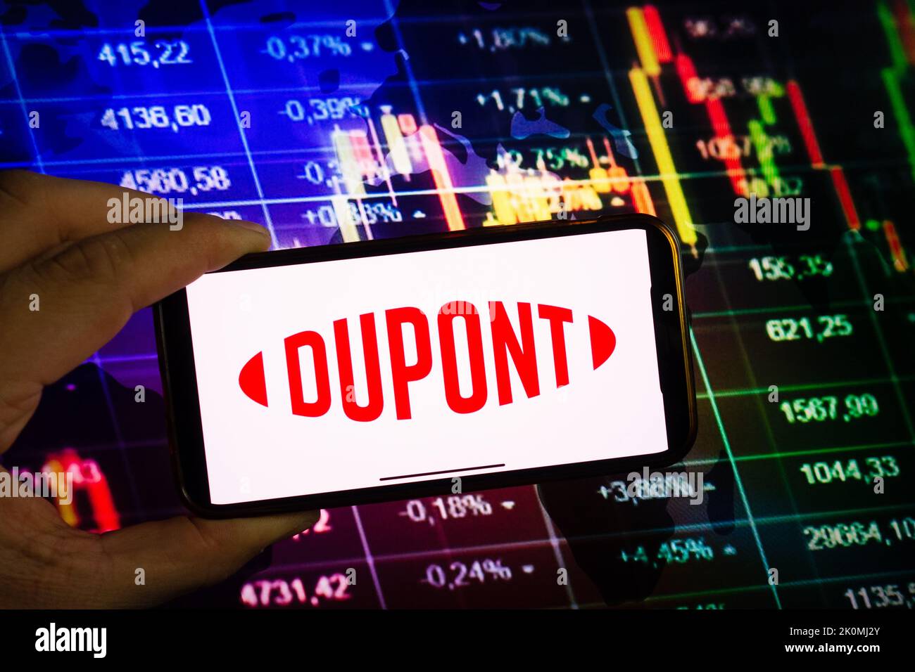 KONSKIE, POLONIA - 10 settembre 2022: Smartphone che mostra il logo della società Dupont De Nemours sullo sfondo del diagramma di borsa Foto Stock