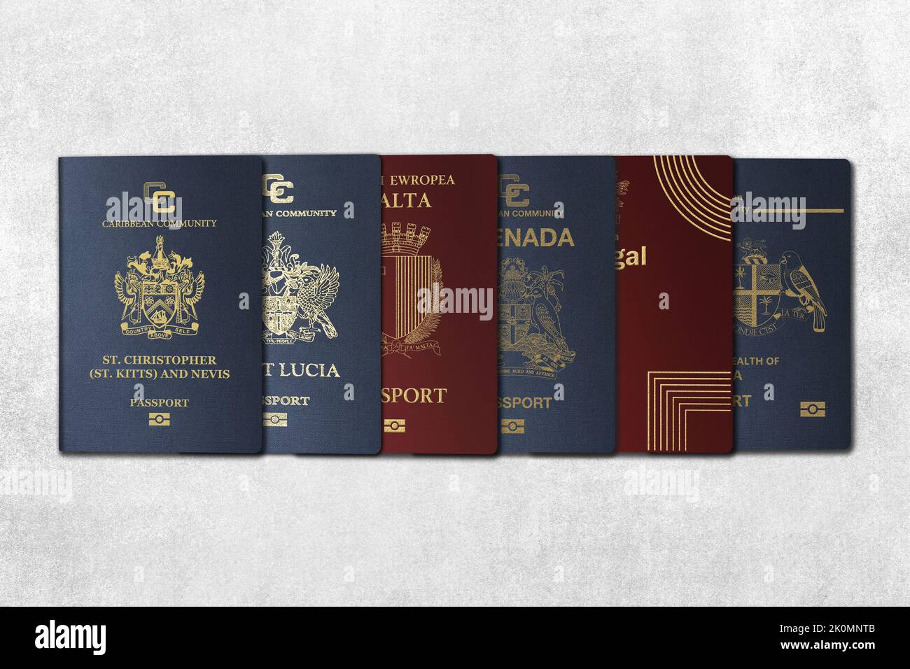 Top View, passaporti internazionali, cittadinanza per investimento, nazionalità, Malta, Kitts e Nevis, Portogallo, grenada, Dominica, Santa Lucia in un concre Foto Stock