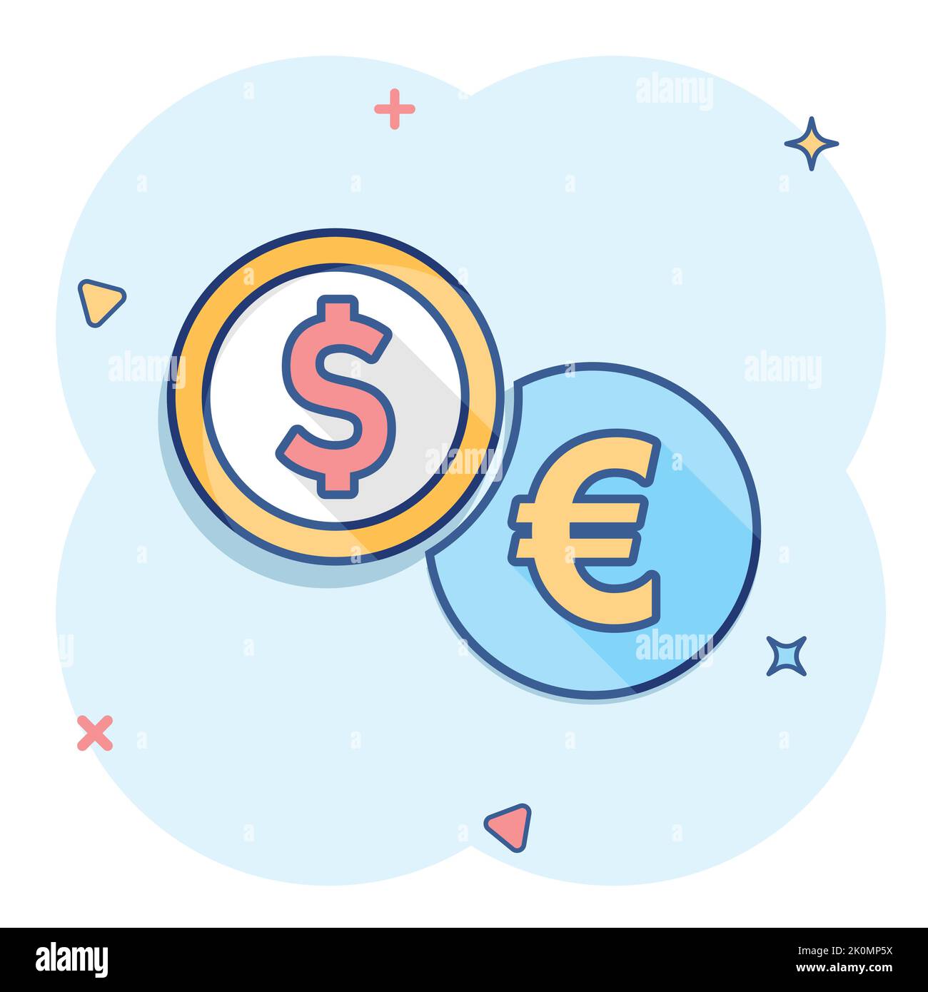 Monete icona dello stack in stile fumetto. Dollaro, euro moneta vettore illustrazione cartoon pittogramma. Soldi impilati l'idea di business effetto splash. Illustrazione Vettoriale