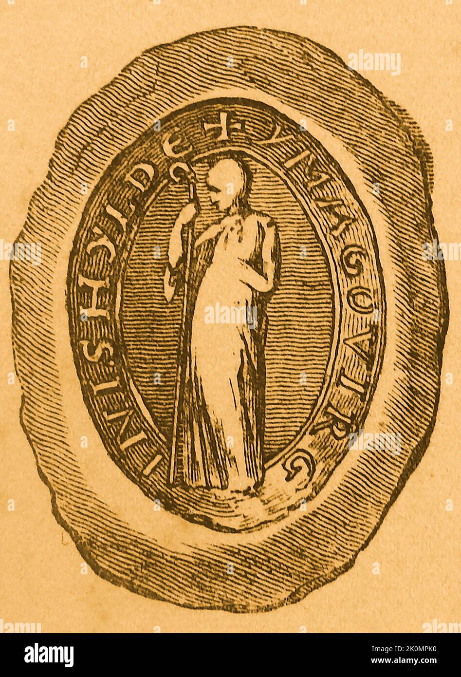 OLD WHITBY (North Yorkshire) e la sua storia -- il sigillo di Whitby Abbey con una rappresentazione di St Hilda (Hild) è abbess Foto Stock