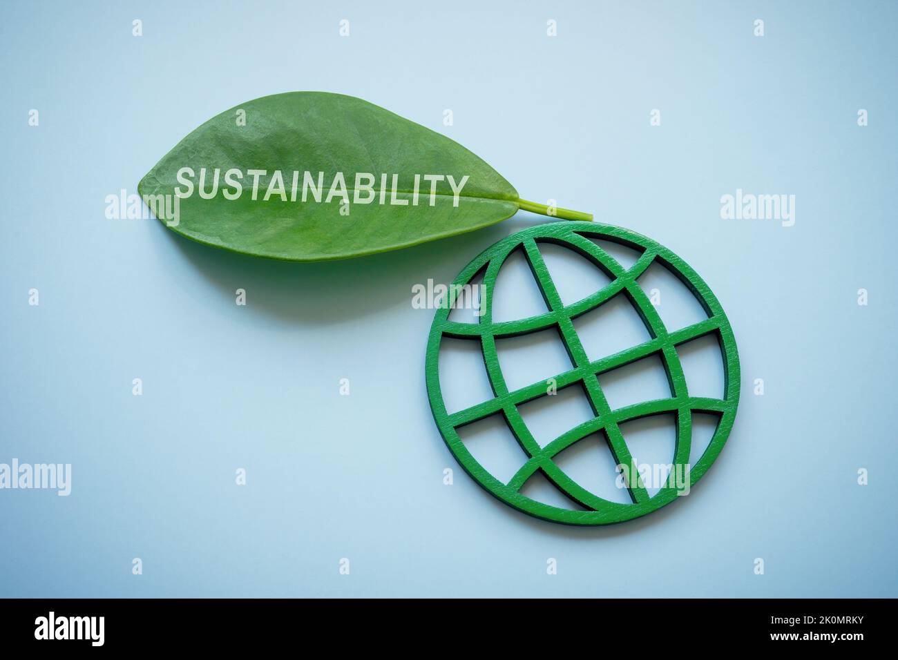 Globo e foglia verde con parola sostenibilità. Foto Stock