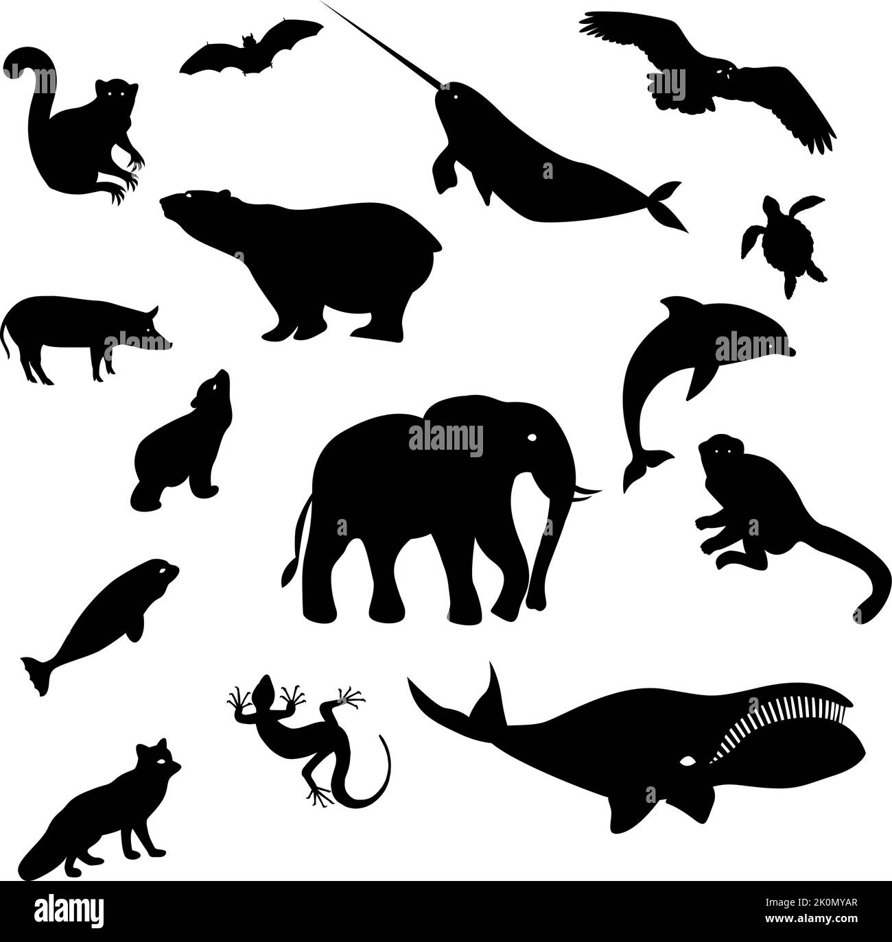 Silhouette nere di animali selvatici e uccelli. Elefante, orso, balena, lucertola, volpe artica, maiale, tartaruga, delfino, gufo, pipistrello, scimmia, narwhal, lemur, sigillo Illustrazione Vettoriale