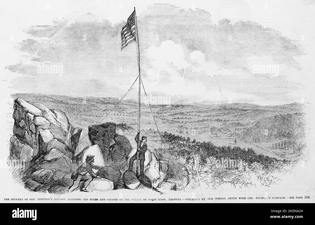 Gli ufficiali del Generale Benjamin Mayberry Prentiss' Divisione piantando le Stelle e le strisce sulla cima del pilota Knob, Missouri. Settembre 1861. Illustrazione della guerra civile americana del 19th° secolo dal quotidiano illustrato di Frank Leslie Foto Stock