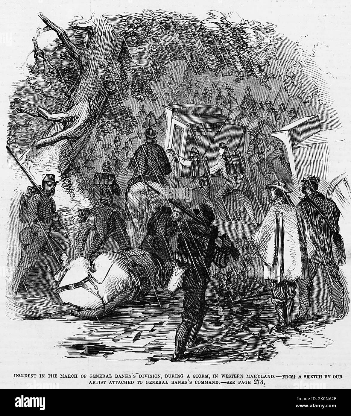 Incidente nel marzo della Divisione del Generale Nathaniel Prentice Banks, durante una tempesta, nel Maryland occidentale. Settembre 1861. Illustrazione della guerra civile americana del 19th° secolo dal quotidiano illustrato di Frank Leslie Foto Stock