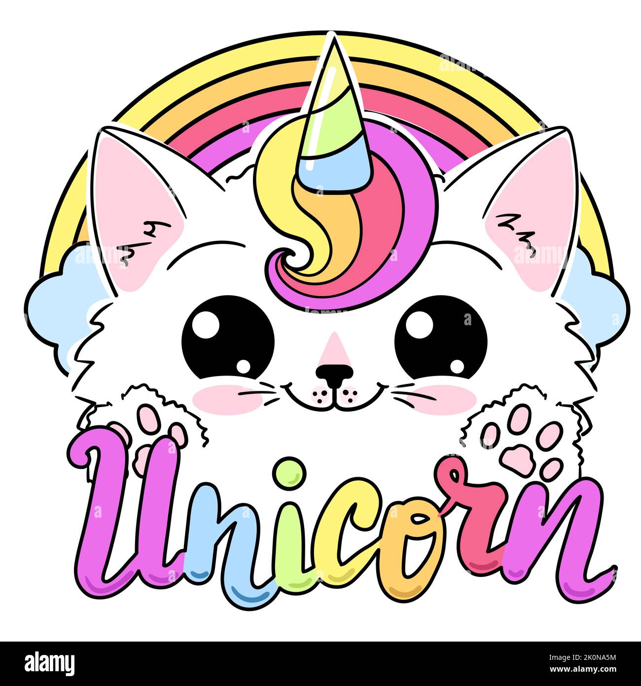 Arcobaleno gatto unicorno Kawaii. Unicorno con lettere. Stile Doodle. Per la progettazione di stampe, poster, adesivi, biglietti, t-shirt e così via da parte dei bambini. Vettore Illustrazione Vettoriale