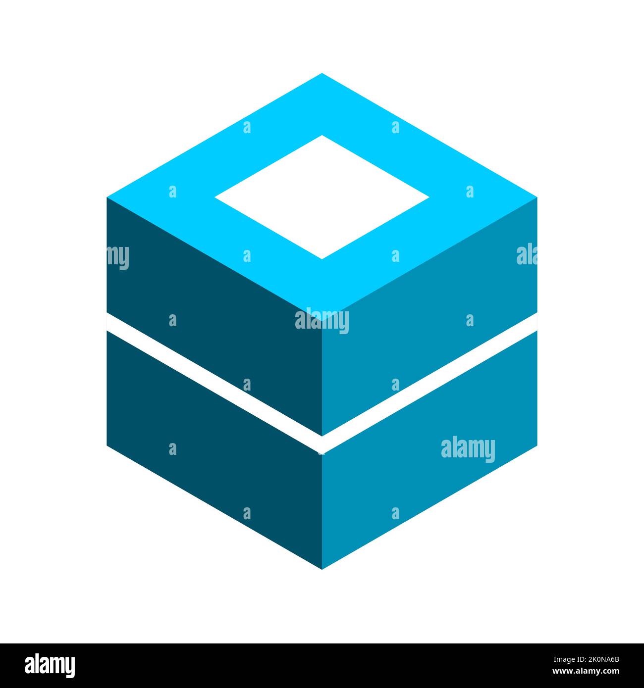 3D a forma di cubo con due metà. Oggetto esagonale isometrico. Concetto di scatola di imballaggio. Elemento del blocco blu con due parti e rettangolo bianco nella parte superiore. Illustrazione Vettoriale