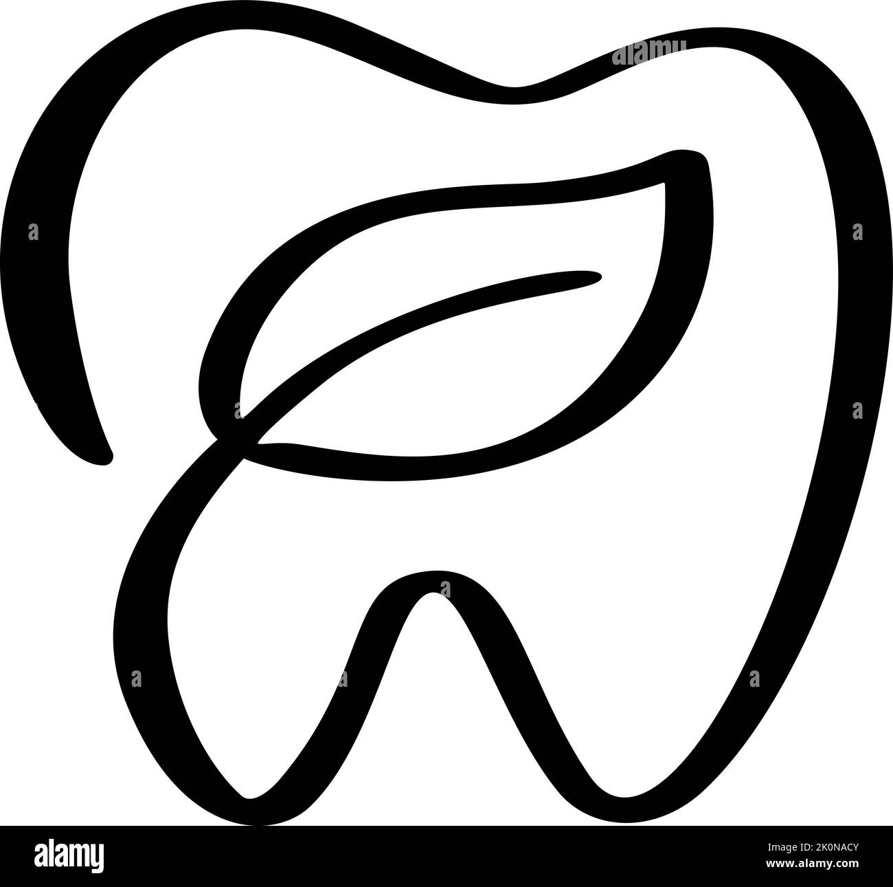 Icona calligrafica con il logo a forma di foglia e dente. Simbolo di odontoiatria vettoriale. Segno medico. DentalhealthHealth pulito Bianco e sano. Modello per la cura dei denti Illustrazione Vettoriale