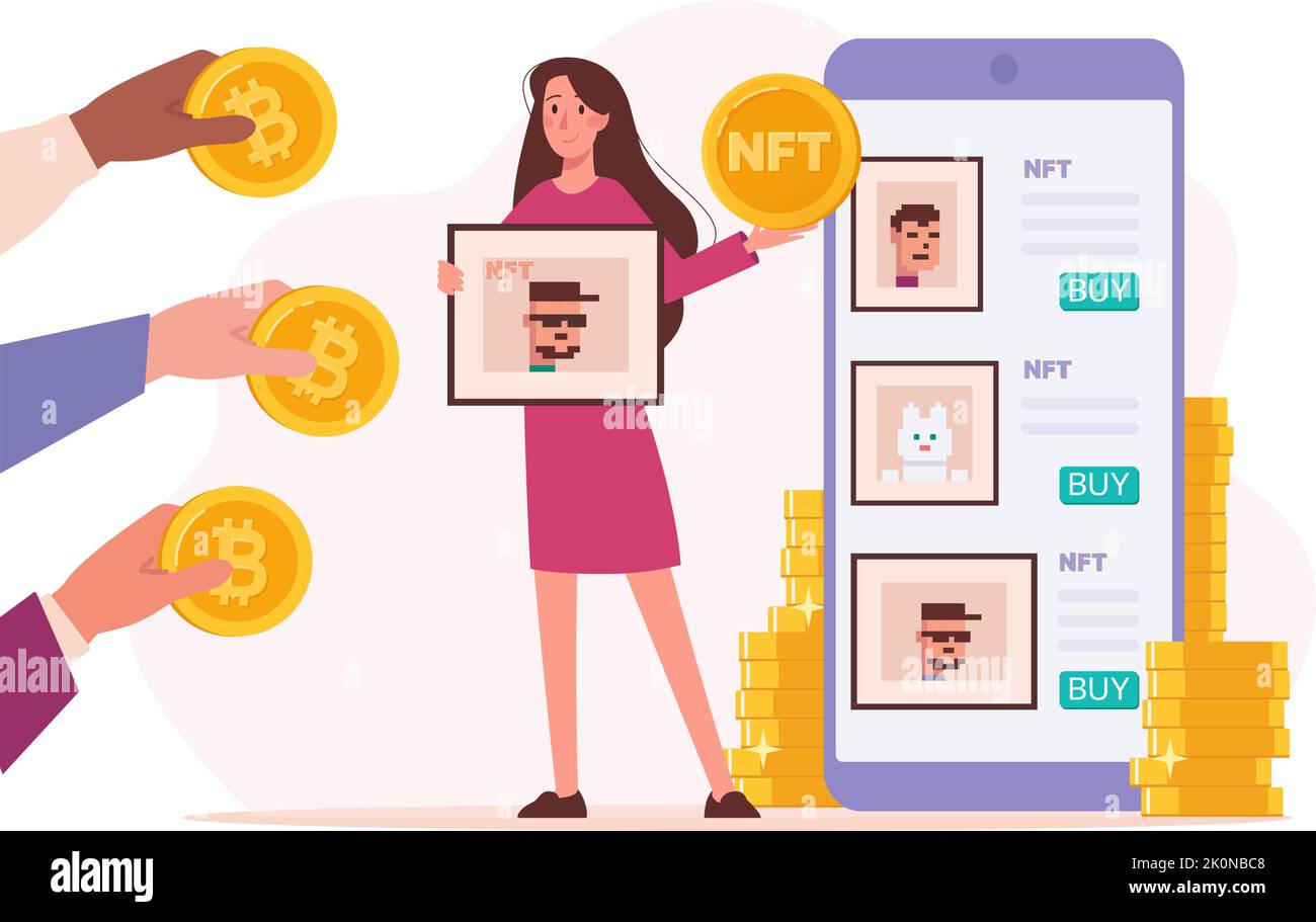 NFT asta, vendita di dipinti per criptovaluta. Ragazza arte rivenditore vende opere d'arte on-line. Uno smartphone con un'applicazione in cui è possibile acquistare token NFT. Mani di acquirenti che pagano bitcoins. Piatto vettoriale. Illustrazione Vettoriale