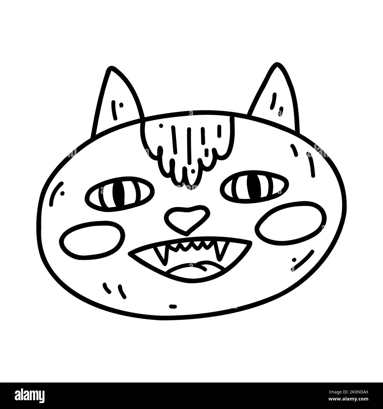 Gatto spooky del doodle disegnato a mano. Cartoon animal di Halloween, illustrazione di schizzi vettoriali, line art per web design, icona, stampa, colorazione pagina Illustrazione Vettoriale