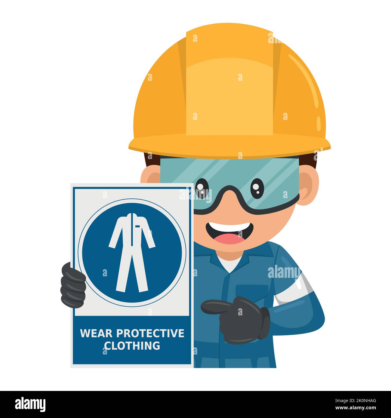 I lavoratori industriali con tuta di sicurezza devono utilizzare il segnale di avvertenza obbligatorio. Indossare indumenti protettivi. Sicurezza industriale e salute sul lavoro Illustrazione Vettoriale