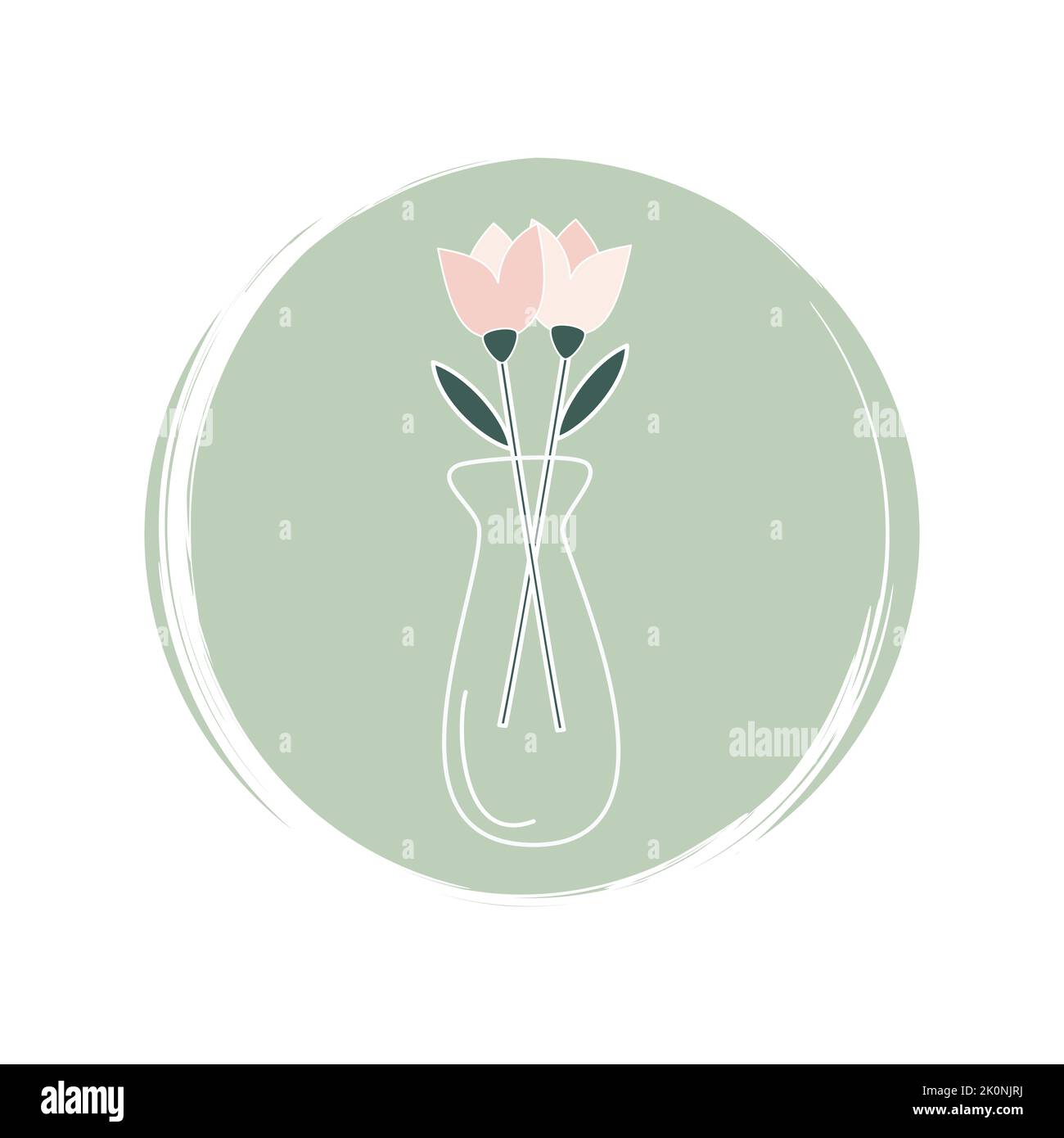 Grazioso logo o icona vettoriale con vaso romantico con tulipani sul cerchio con texture a pennello, per storie e momenti salienti sui social media Illustrazione Vettoriale