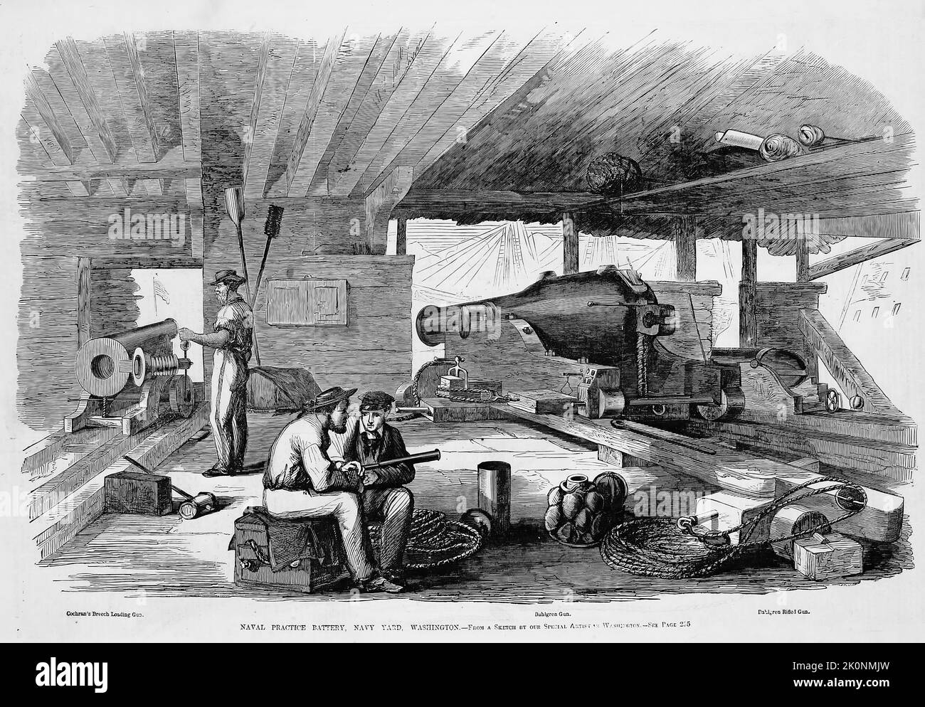 Naval Practice Battery, Navy Yard, Washington - Cochran's Breech Loading Gun, Dahlgren Gun. Settembre 1861. Illustrazione della guerra civile americana del 19th° secolo dal quotidiano illustrato di Frank Leslie Foto Stock