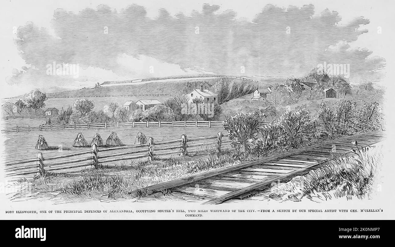 Fort Ellsworth, una delle principali difese di Alessandria, Virginia, occupando Shuter's Hill, a tre miglia a ovest della città. Settembre 1861. Illustrazione della guerra civile americana del 19th° secolo dal quotidiano illustrato di Frank Leslie Foto Stock