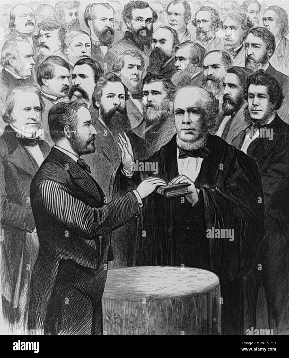 Capo Giustizia Salmon P. Chase amministrare il giuramento di incarico al Presidente Ulysses S. Grant il 4 marzo 1873, durante la seconda inaugurazione presidenziale di Grant. Foto Stock