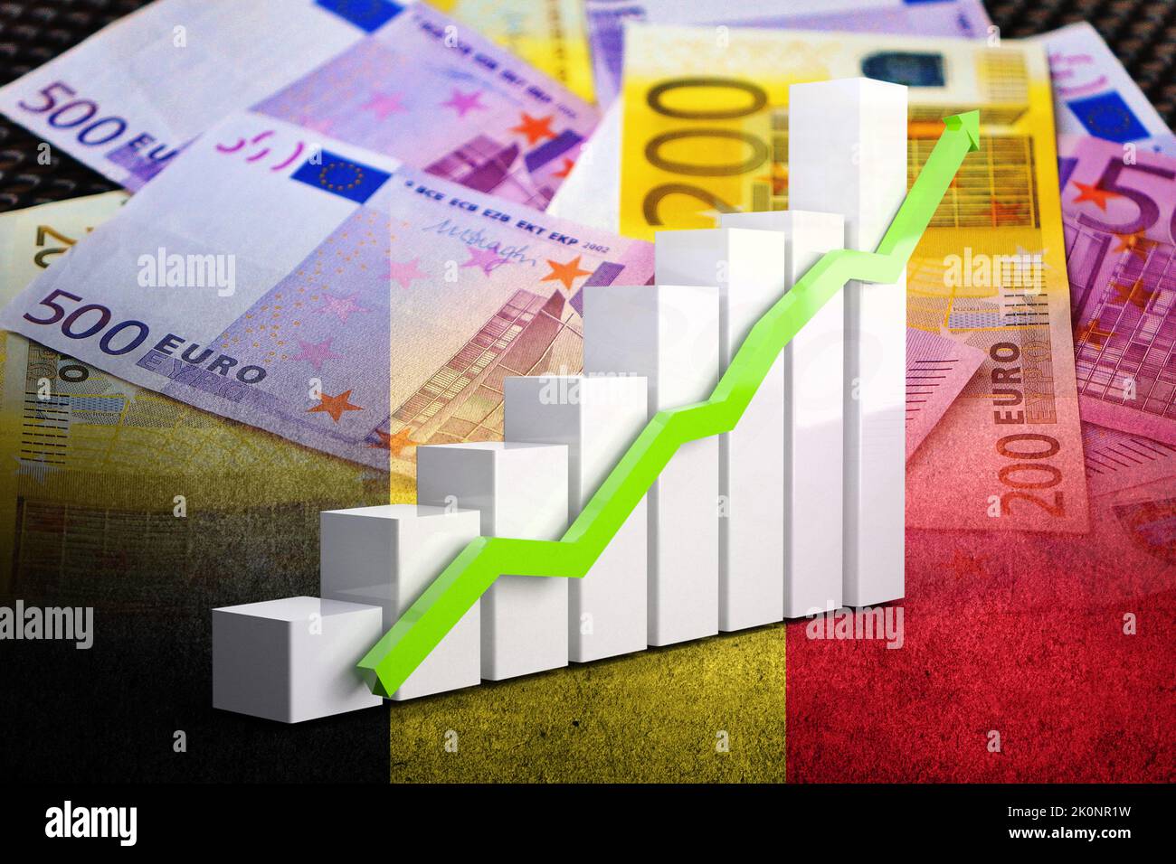Grafico dell'economia: Freccia in aumento, banconote in euro in contanti e bandiera del Belgio (moneta, economia, affari, finanza, crisi) Foto Stock