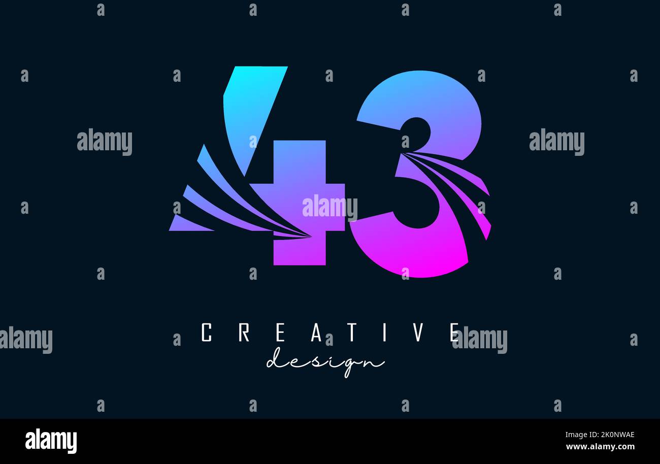 Colorato logo Creative numero 43 4 3 con linee di punta e design di concetto stradale. Numero con disegno geometrico. Illustrazione vettoriale con numero e cre Illustrazione Vettoriale