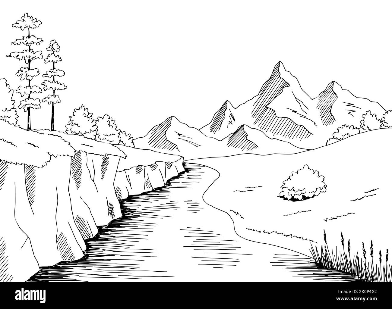 Mountain River grafica nero bianco disegno paesaggio vettore illustrazione Illustrazione Vettoriale